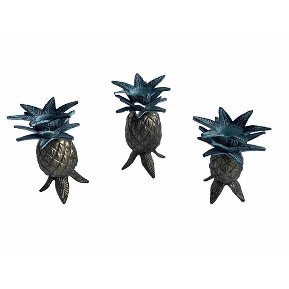 3 Brass Pineapple Candlestick Holders Vintage Bohemian Retro Heavy - Picture 14 of 16